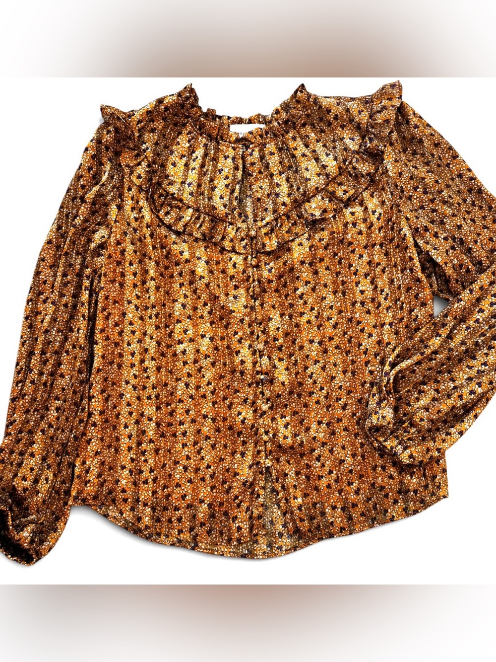 MELLODAY Metallic Gold Ruffled Neck Blouse